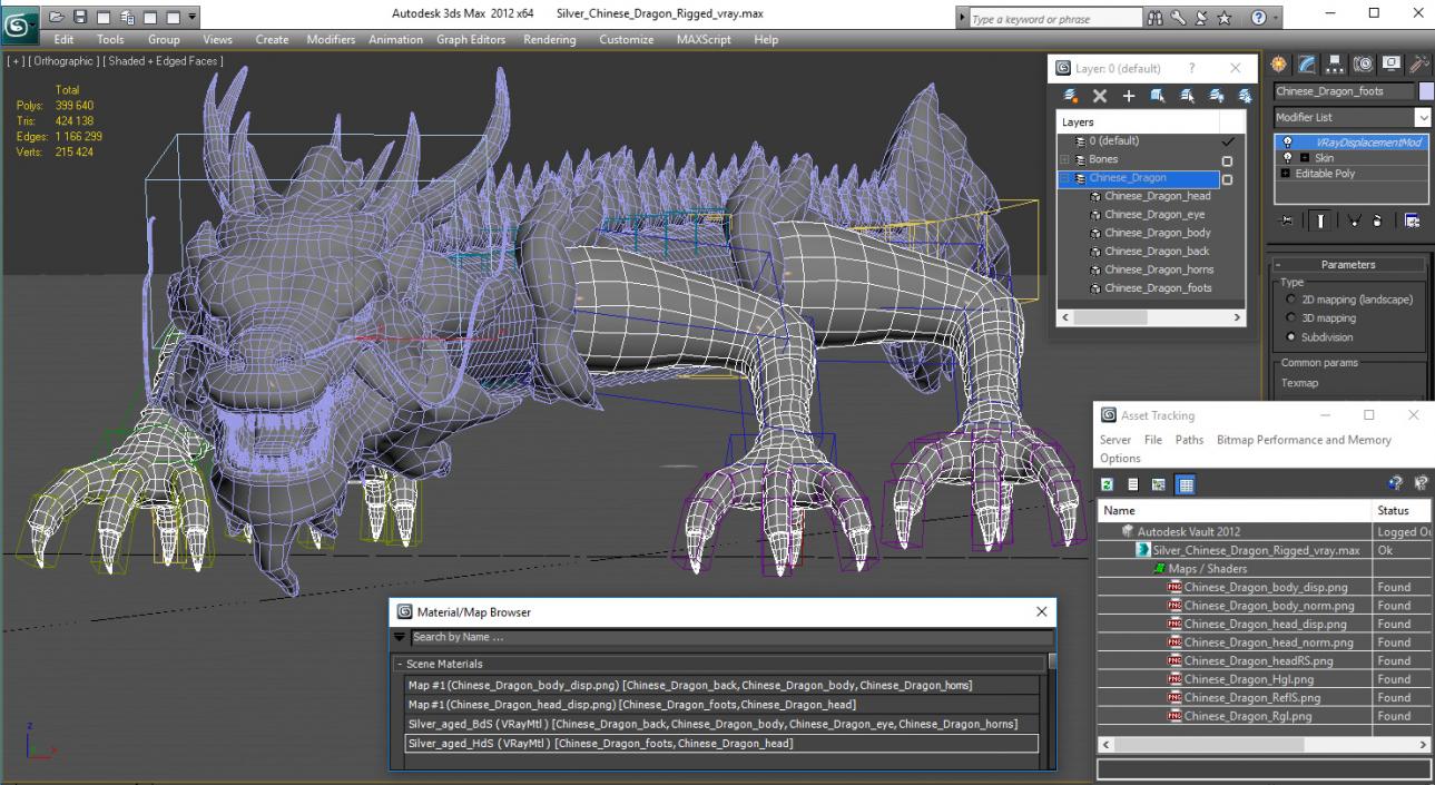 3D Silver Chinese Dragon Rigged model