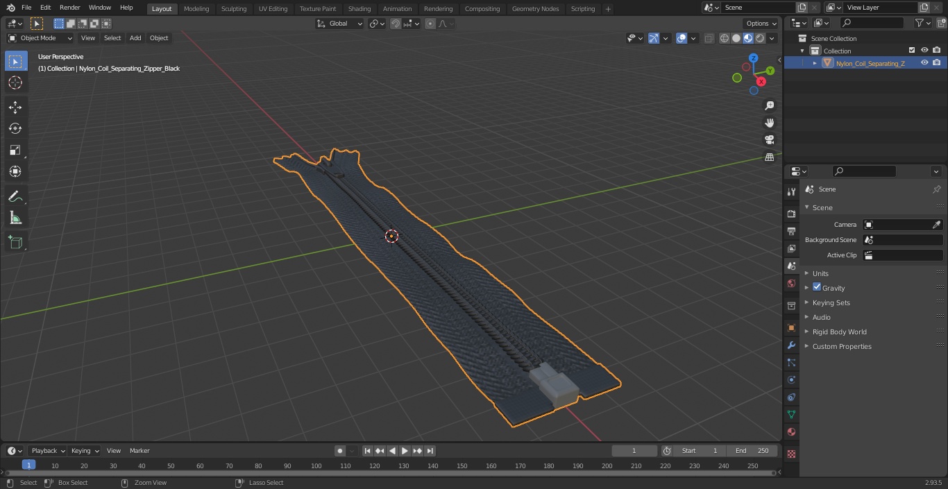 Nylon Coil Separating Zipper Black 3D model