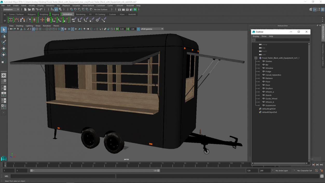 3D Food Trailer Black with Equipment model