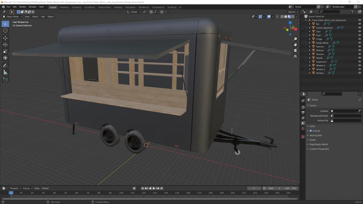 3D Food Trailer Black with Equipment model