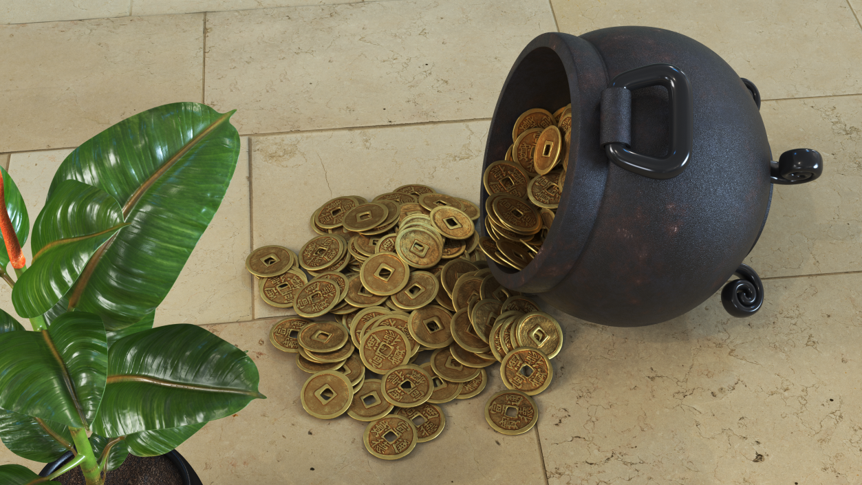 3D Coins Falling Out from Pot