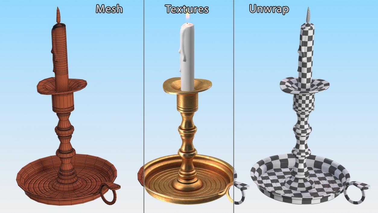 3D model Antique Candlestick with Wax Candle