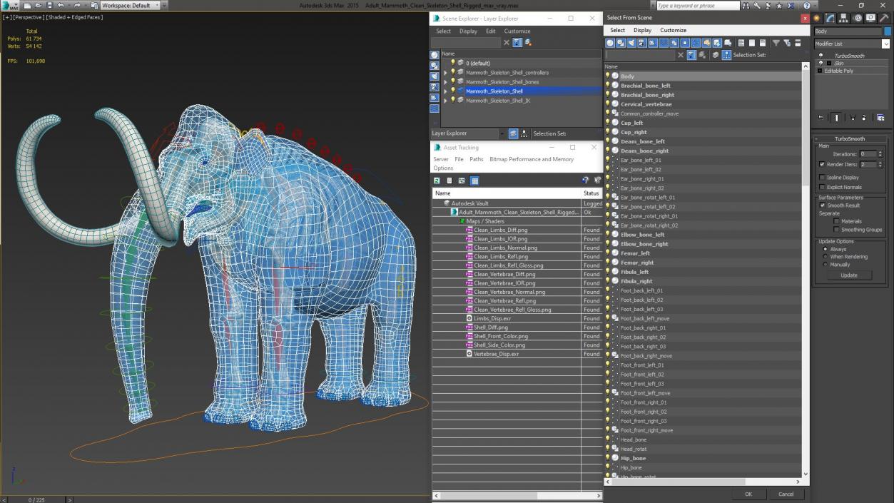 3D Adult Mammoth Clean Skeleton Shell Rigged