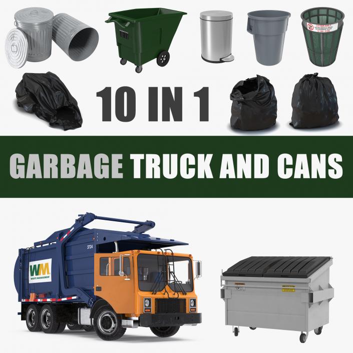 3D Garbage Truck and Cans Collection model