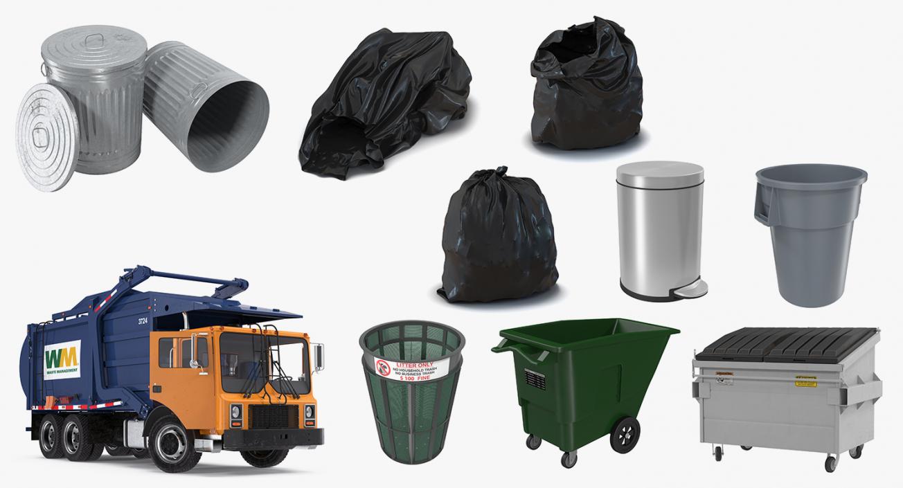 3D Garbage Truck and Cans Collection model