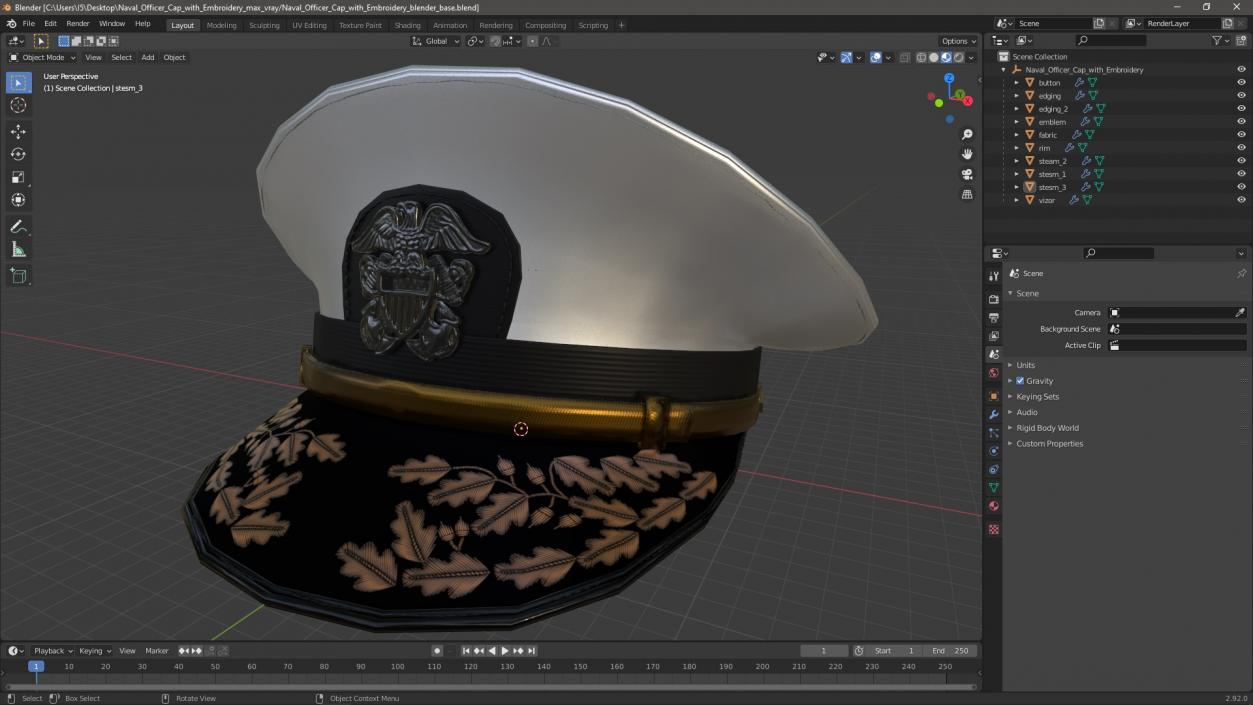 3D Naval Officer Cap with Embroidery model