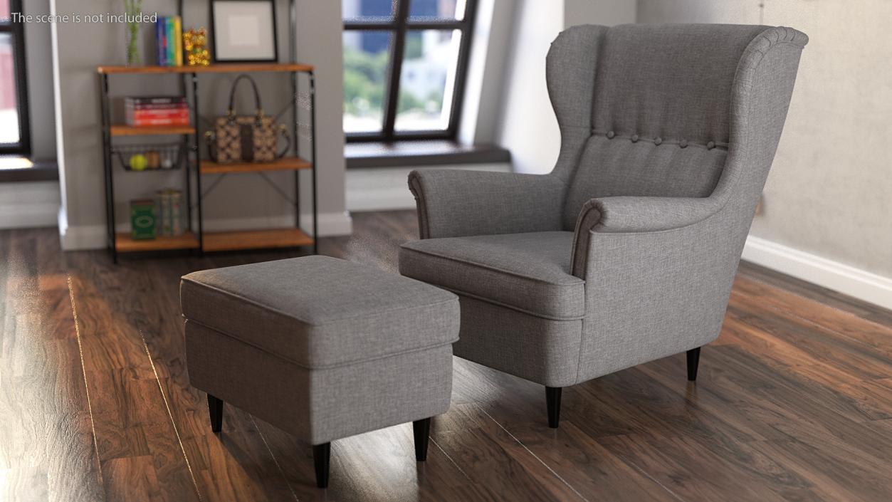 3D model Strandmon Grey Wing Chair with Puff