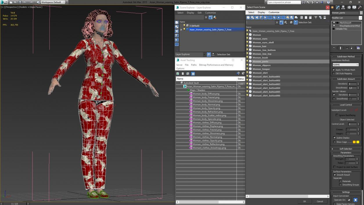 Asian Woman wearing Satin Pijama T Pose 3D model