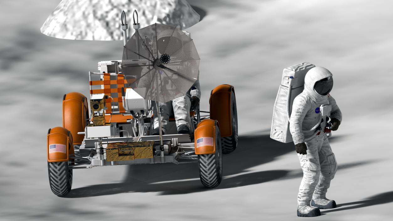 Astronauts with Lunar Roving Vehicle on Moon Surface 3D