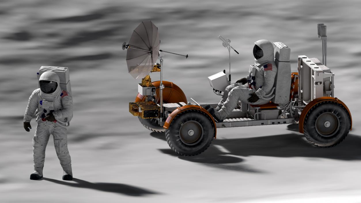 Astronauts with Lunar Roving Vehicle on Moon Surface 3D