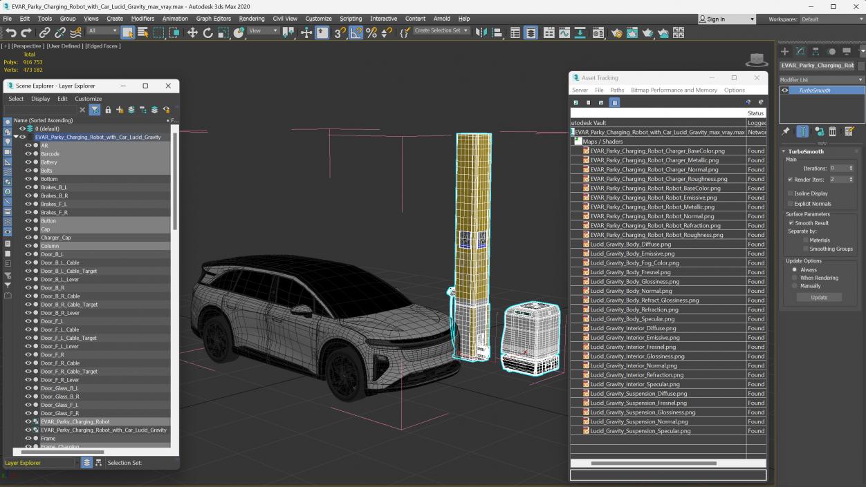 3D EVAR Parky Charging Robot with Car Lucid Gravity model