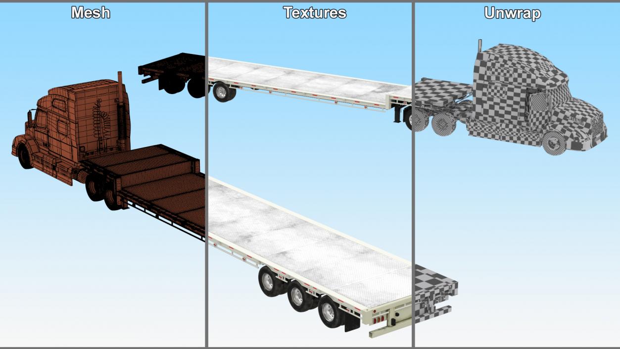 3D Semi Truck with Flatbed Trailer 2 model