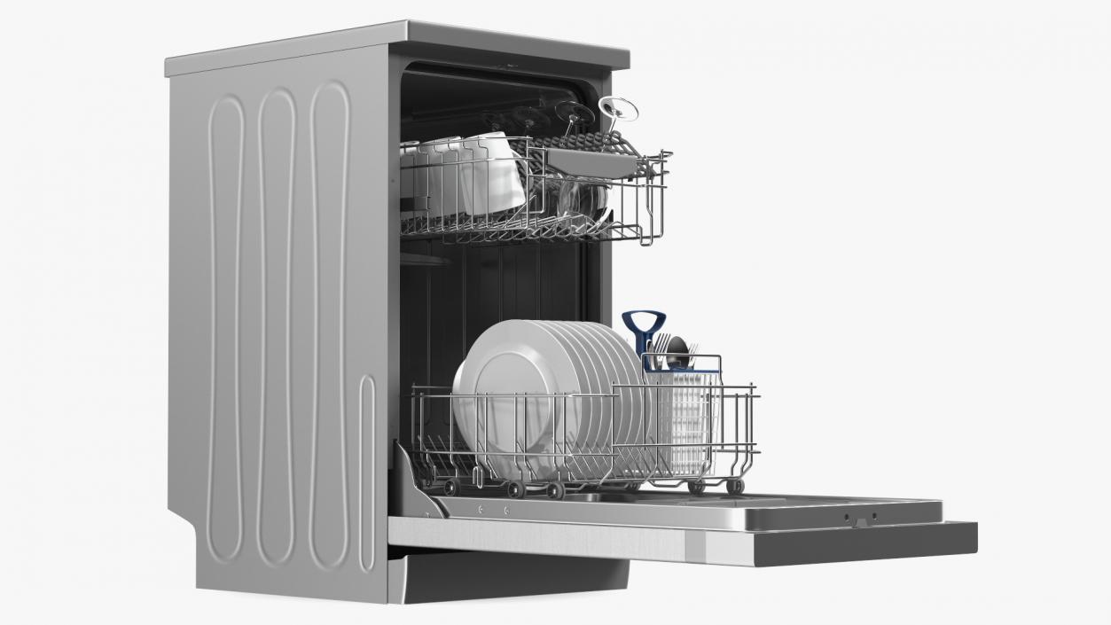 3D Open Dishwasher With Clean Dishes model