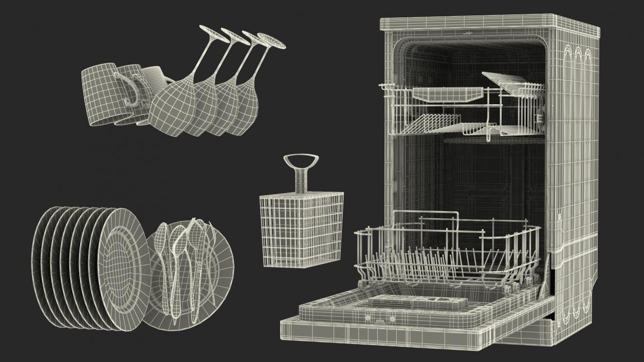 3D Open Dishwasher With Clean Dishes model