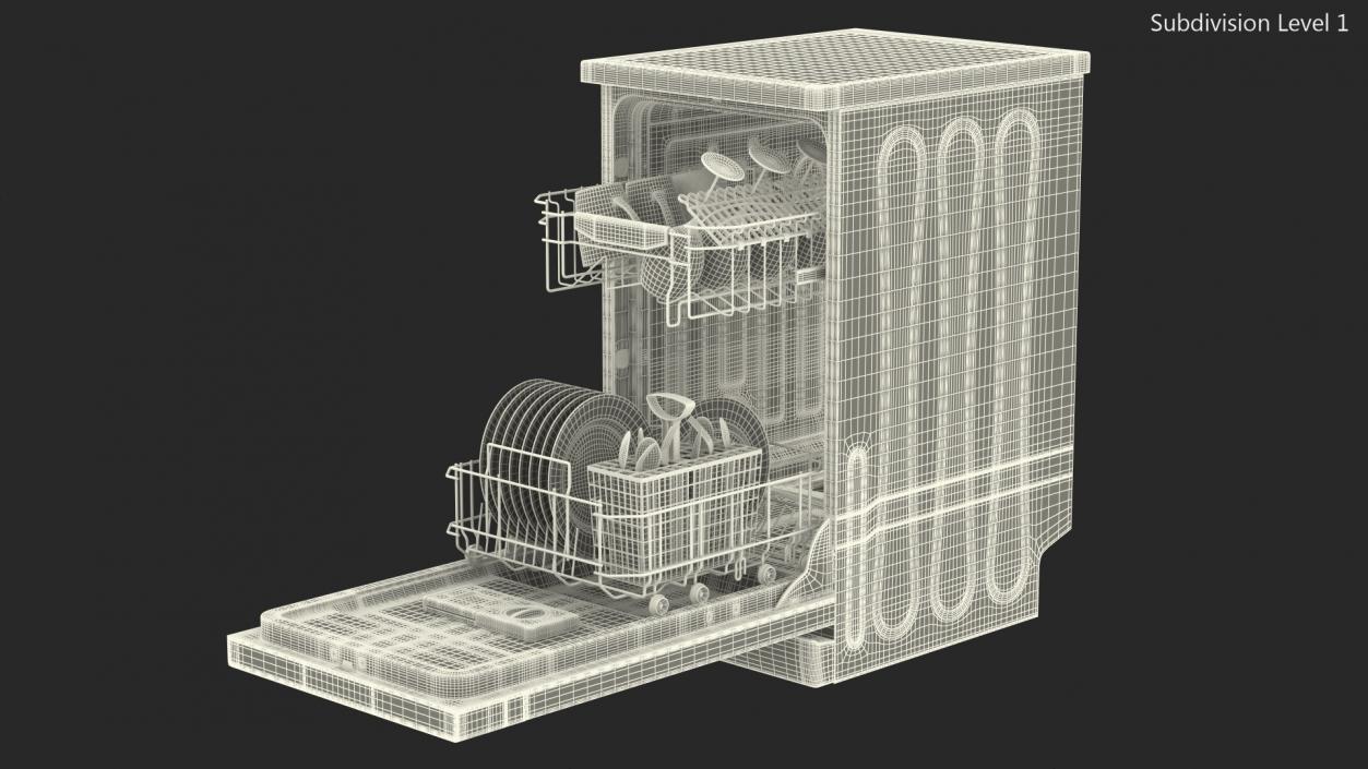 3D Open Dishwasher With Clean Dishes model