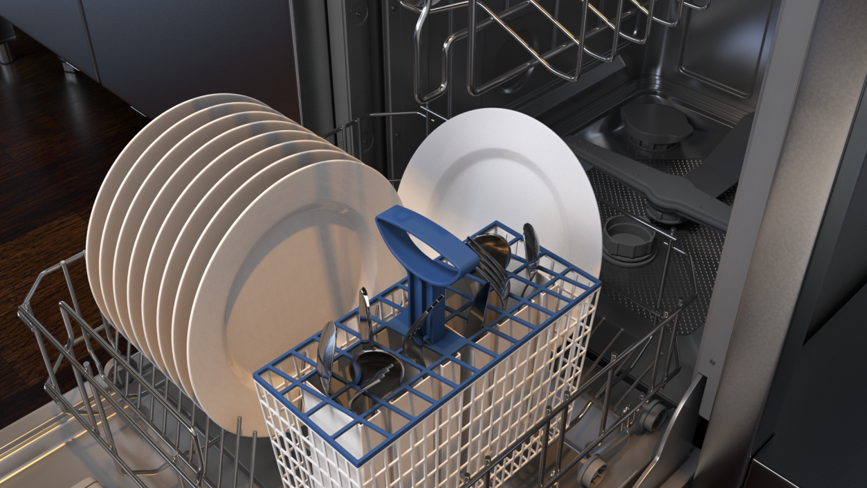 3D Open Dishwasher With Clean Dishes model