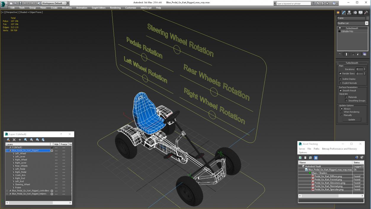 Blue Pedal Go Kart Rigged for Cinema 4D 3D model