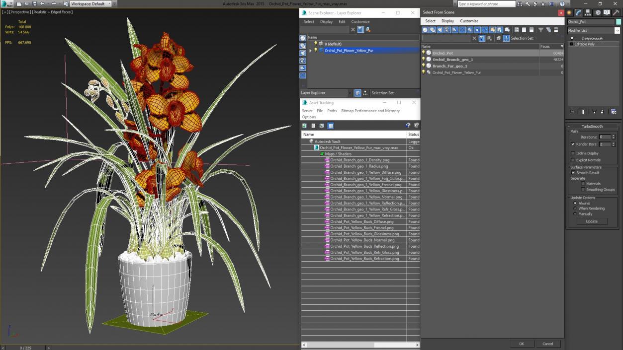 3D Orchid Pot Flower Yellow Fur model