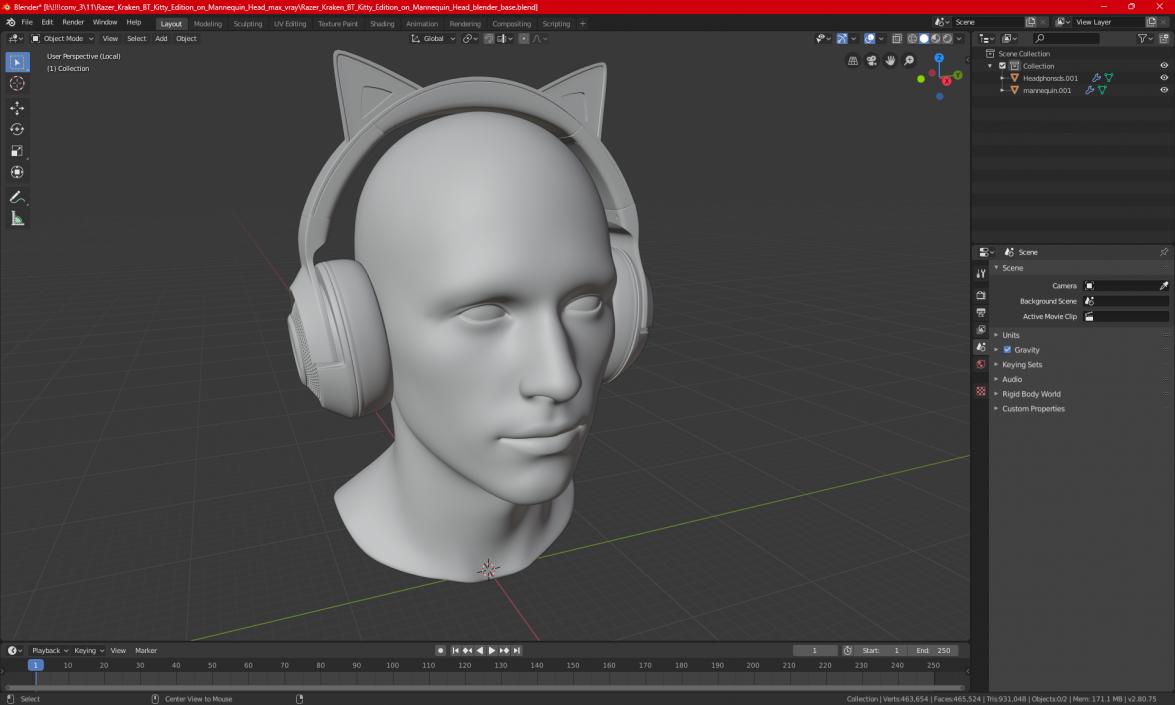 Razer Kraken BT Kitty Edition on Mannequin Head 3D