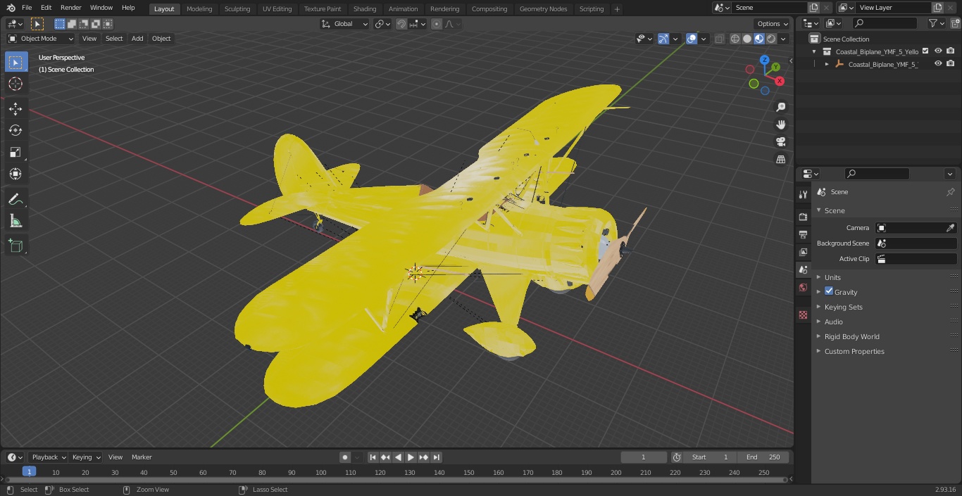 3D model Coastal Biplane YMF-5 Yellow Simple Interrior