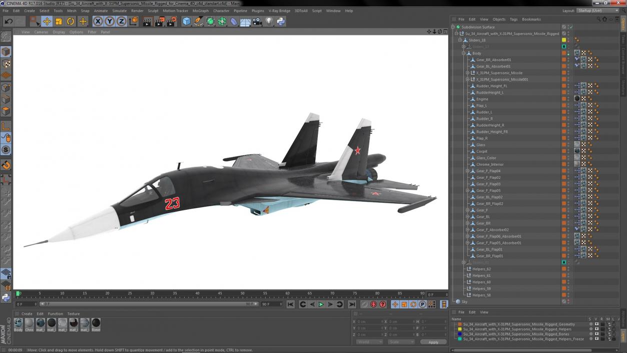 3D Su 34 Aircraft with X-31PM Supersonic Missile Rigged for Cinema 4D