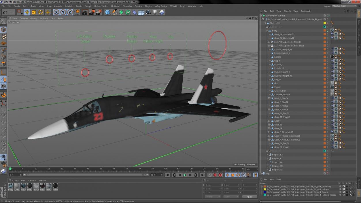 3D Su 34 Aircraft with X-31PM Supersonic Missile Rigged for Cinema 4D