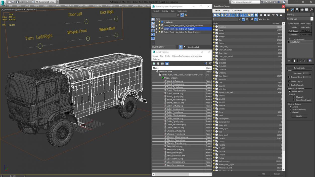 3D Dakar Truck Hino Lights On Rigged model