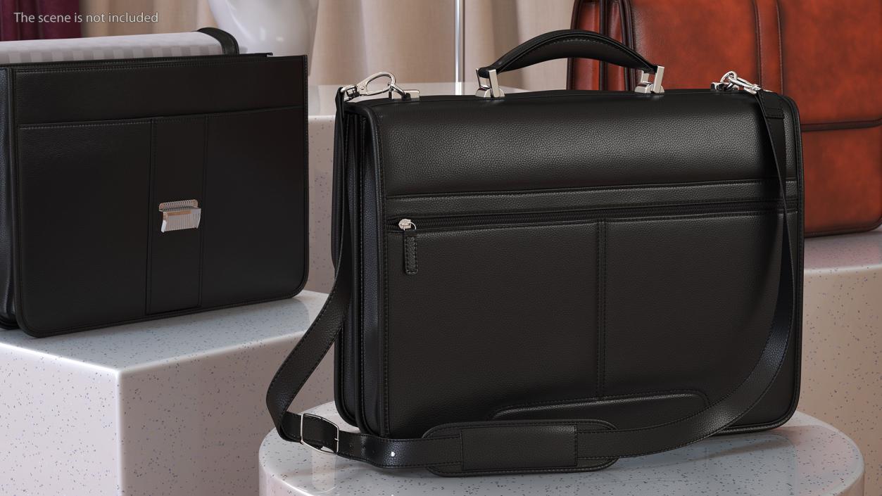 Leather Flapover Briefcase Black 3D