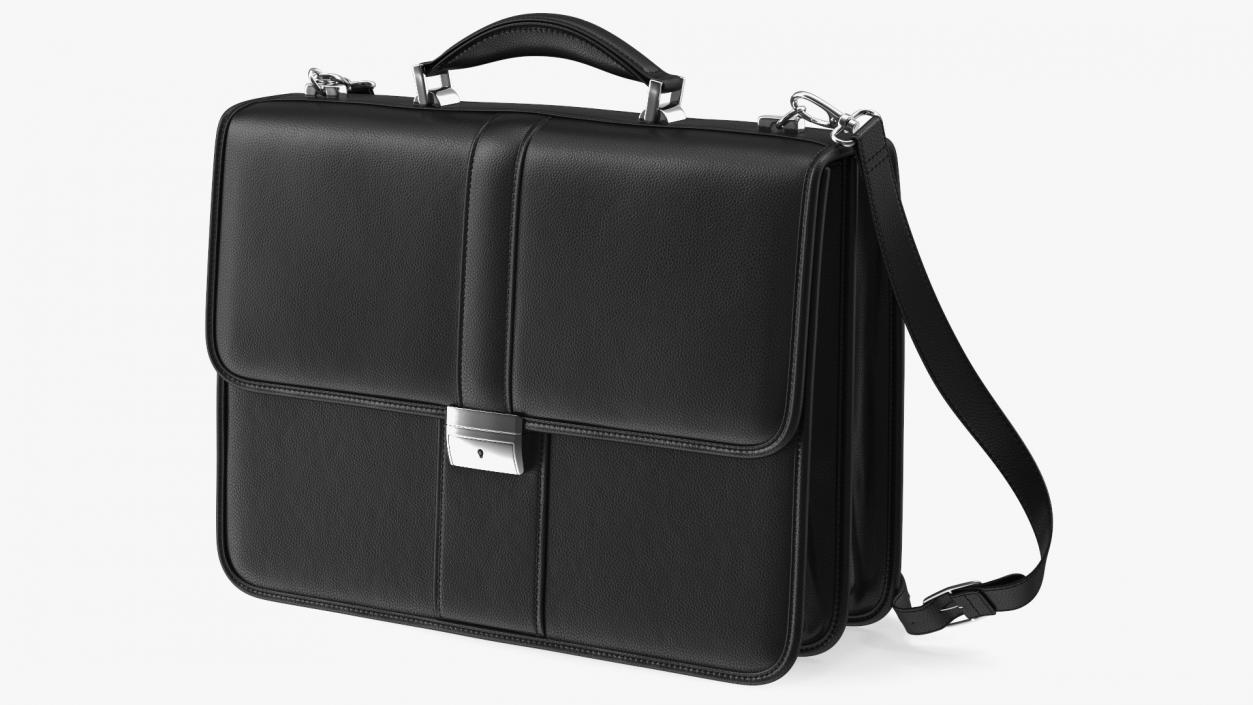 Leather Flapover Briefcase Black 3D