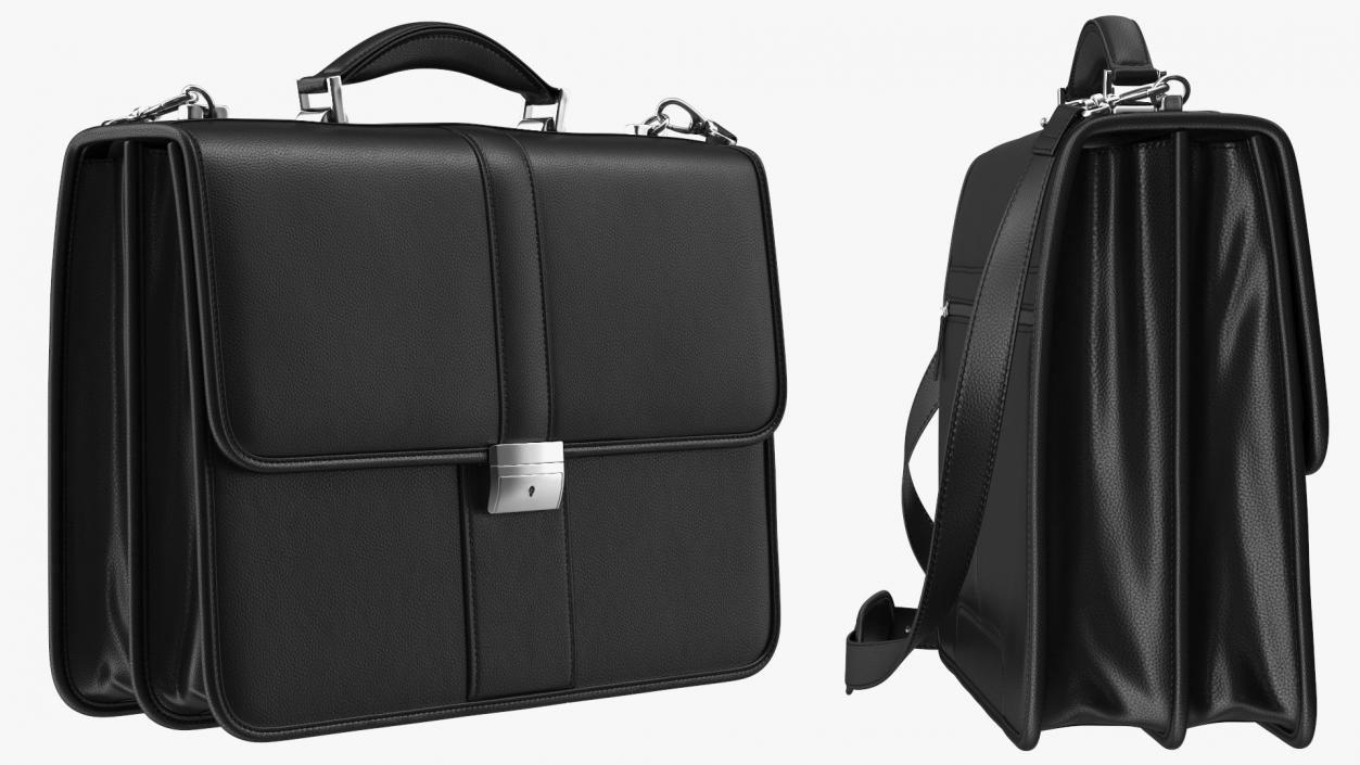 Leather Flapover Briefcase Black 3D