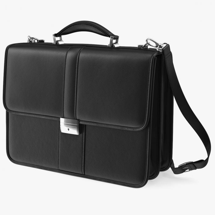 Leather Flapover Briefcase Black 3D