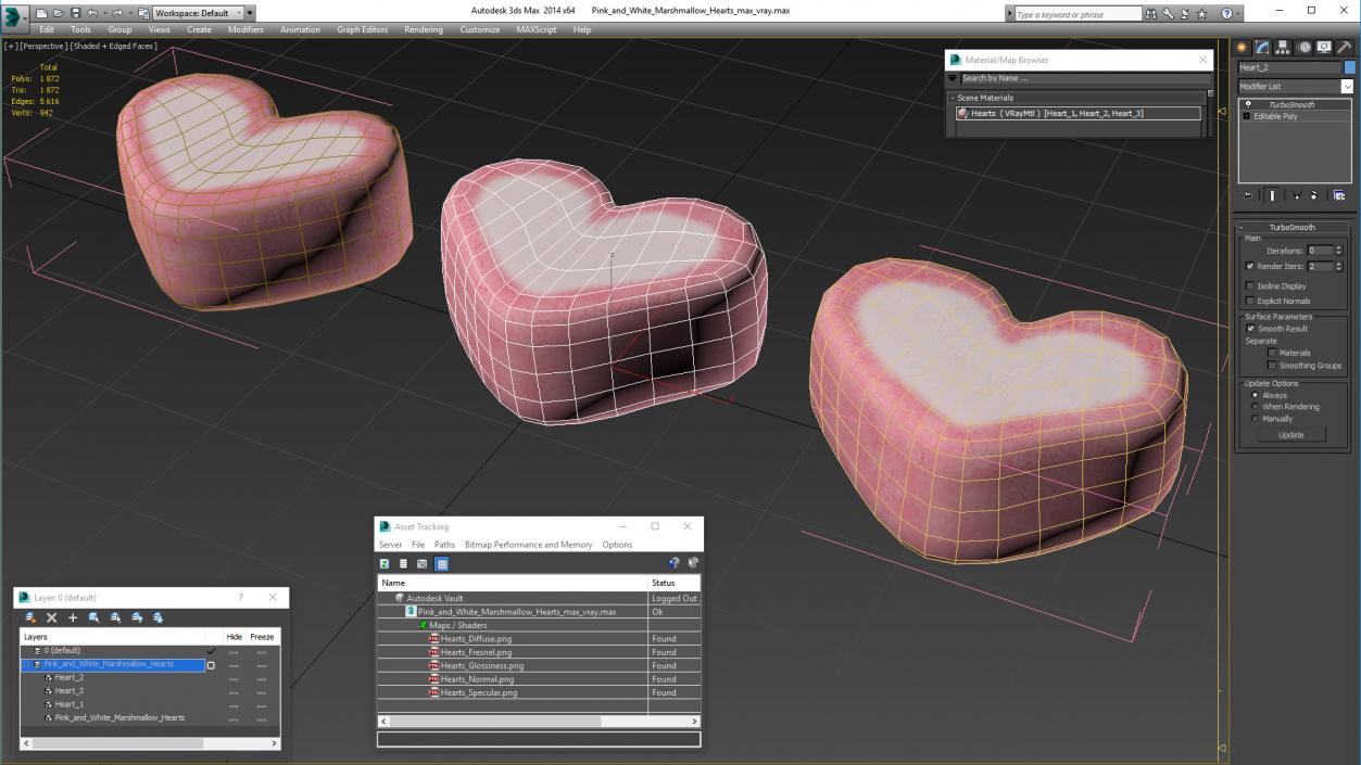 3D Pink and White Marshmallow Hearts model