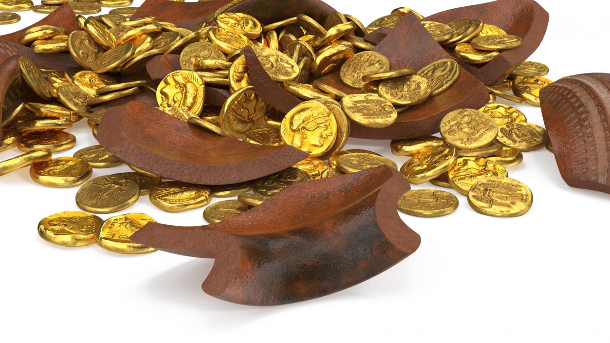 3D Broken Clay Pot with Gold Coins