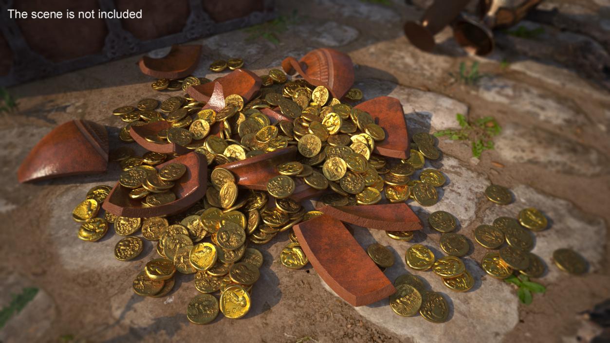 3D Broken Clay Pot with Gold Coins