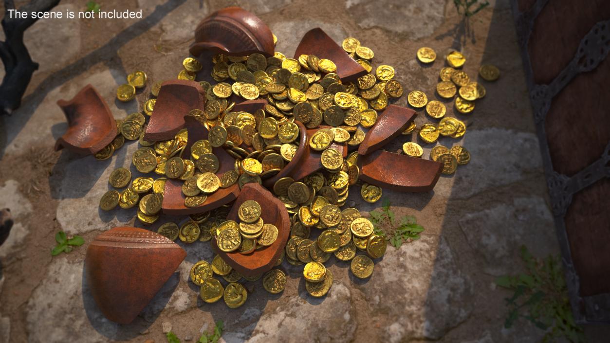 3D Broken Clay Pot with Gold Coins