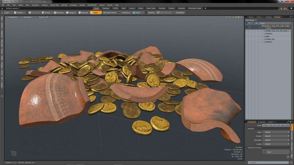 3D Broken Clay Pot with Gold Coins