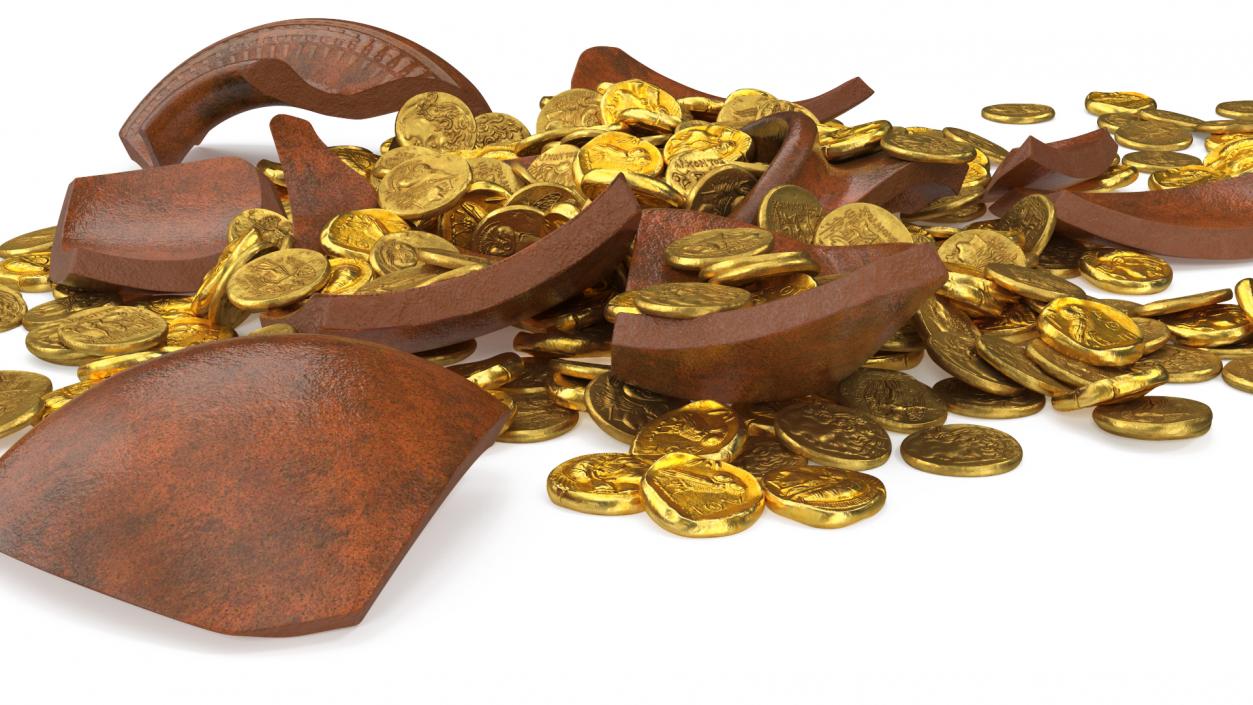 3D Broken Clay Pot with Gold Coins