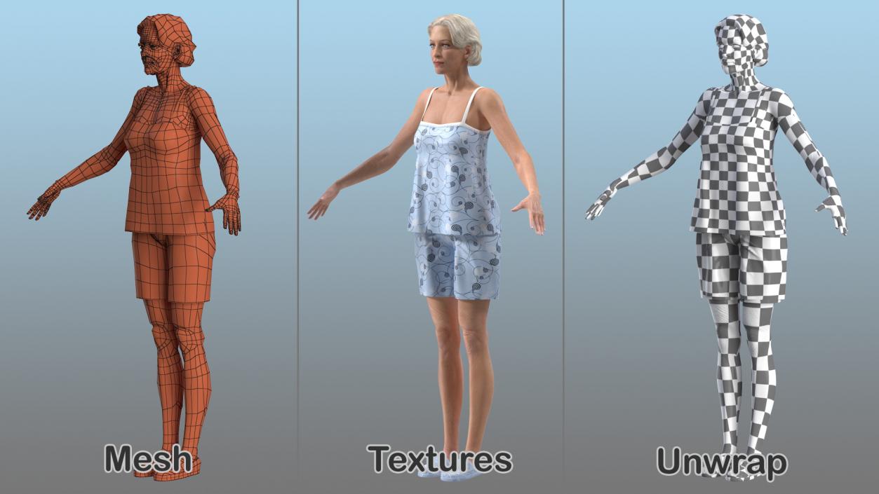 3D model Elderly Woman in Pijama T Pose