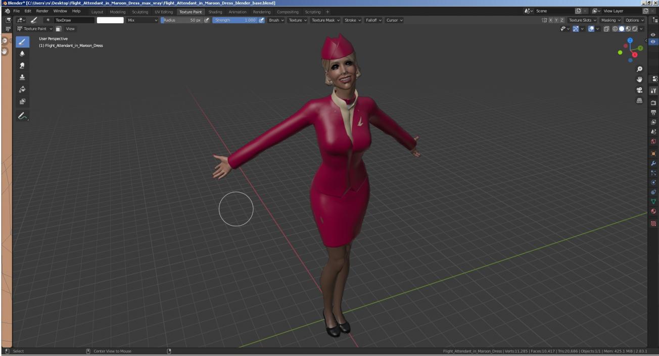 Flight Attendant in Maroon Dress 3D