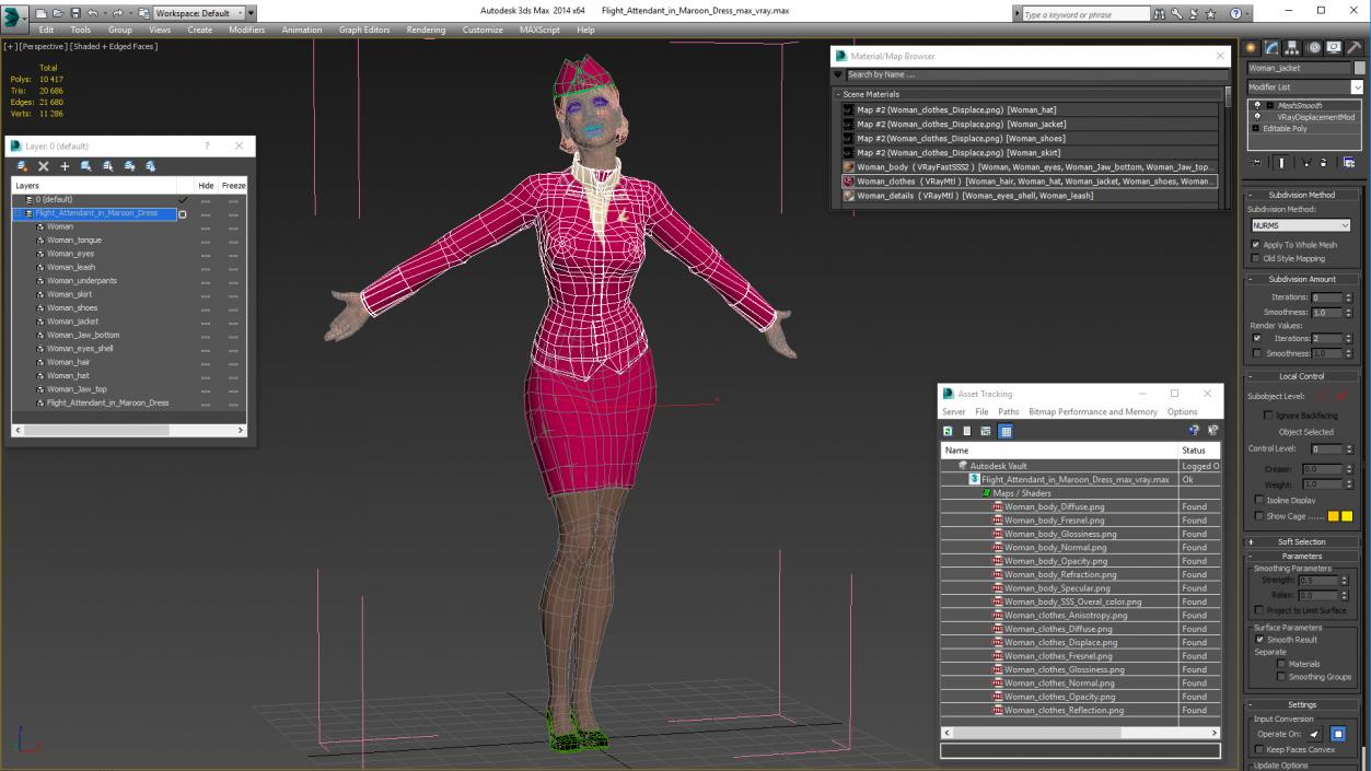 Flight Attendant in Maroon Dress 3D