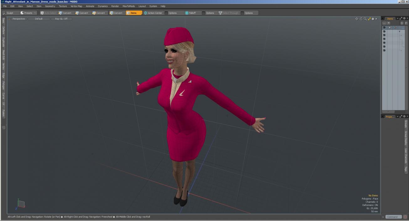 Flight Attendant in Maroon Dress 3D