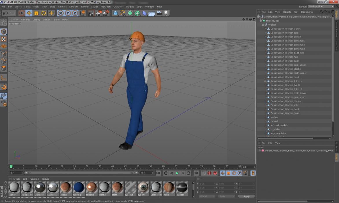 3D Construction Worker Blue Uniform with Hardhat Walking Pose model