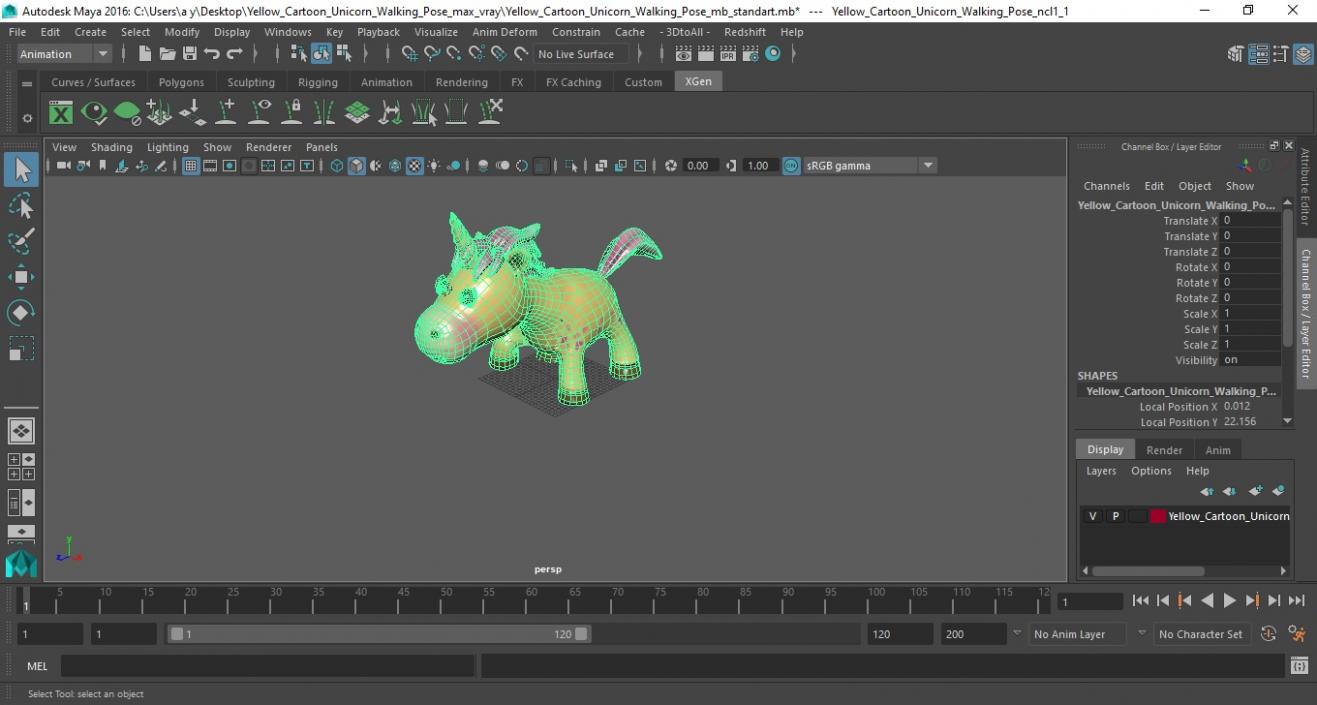 3D model Yellow Cartoon Unicorn Walking Pose