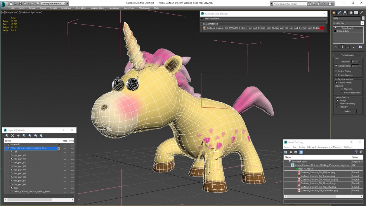 3D model Yellow Cartoon Unicorn Walking Pose