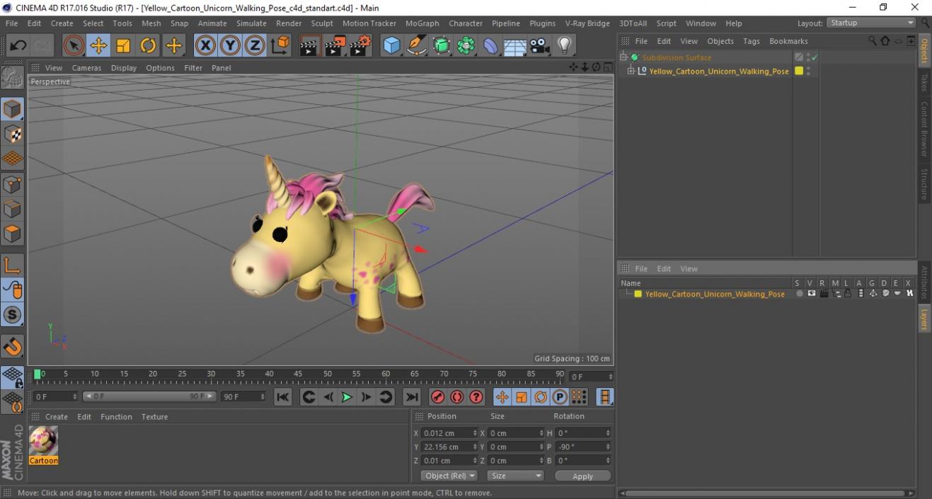 3D model Yellow Cartoon Unicorn Walking Pose