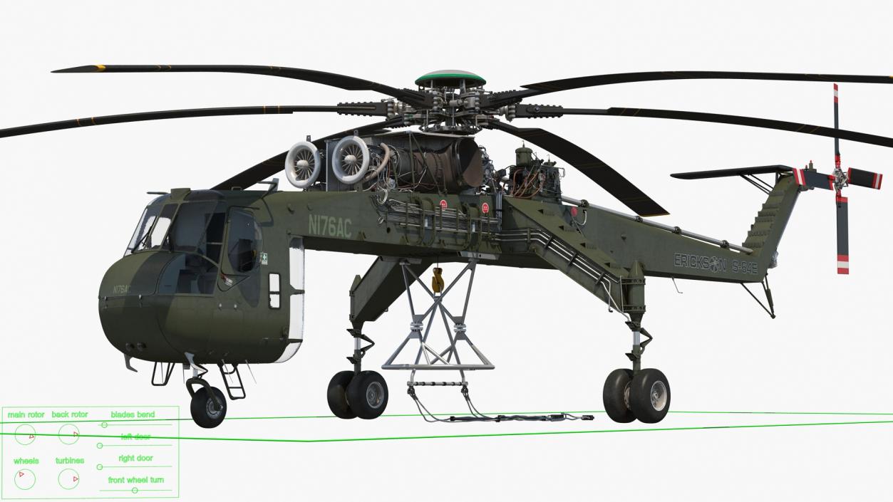 Cargo Helicopter Sikorsky S-64 Skycrane Green Rigged 3D