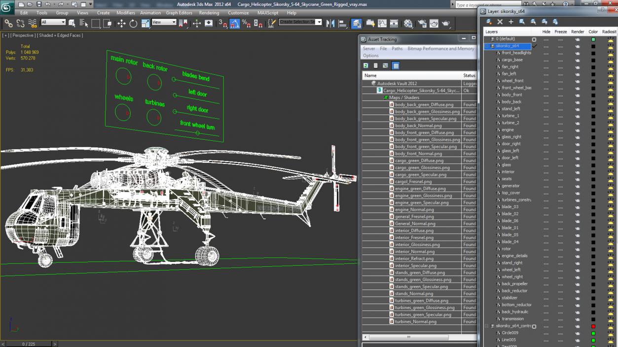 Cargo Helicopter Sikorsky S-64 Skycrane Green Rigged 3D