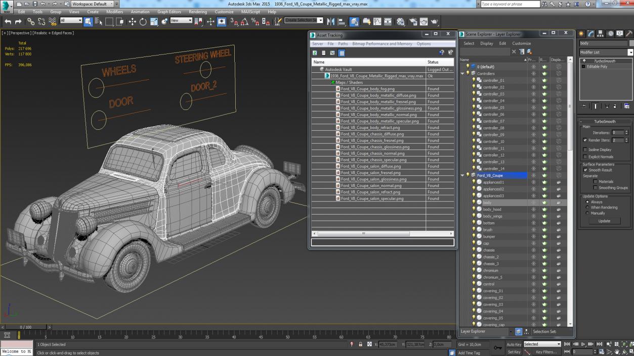 1936 Ford V8 Coupe Metallic Rigged 3D model