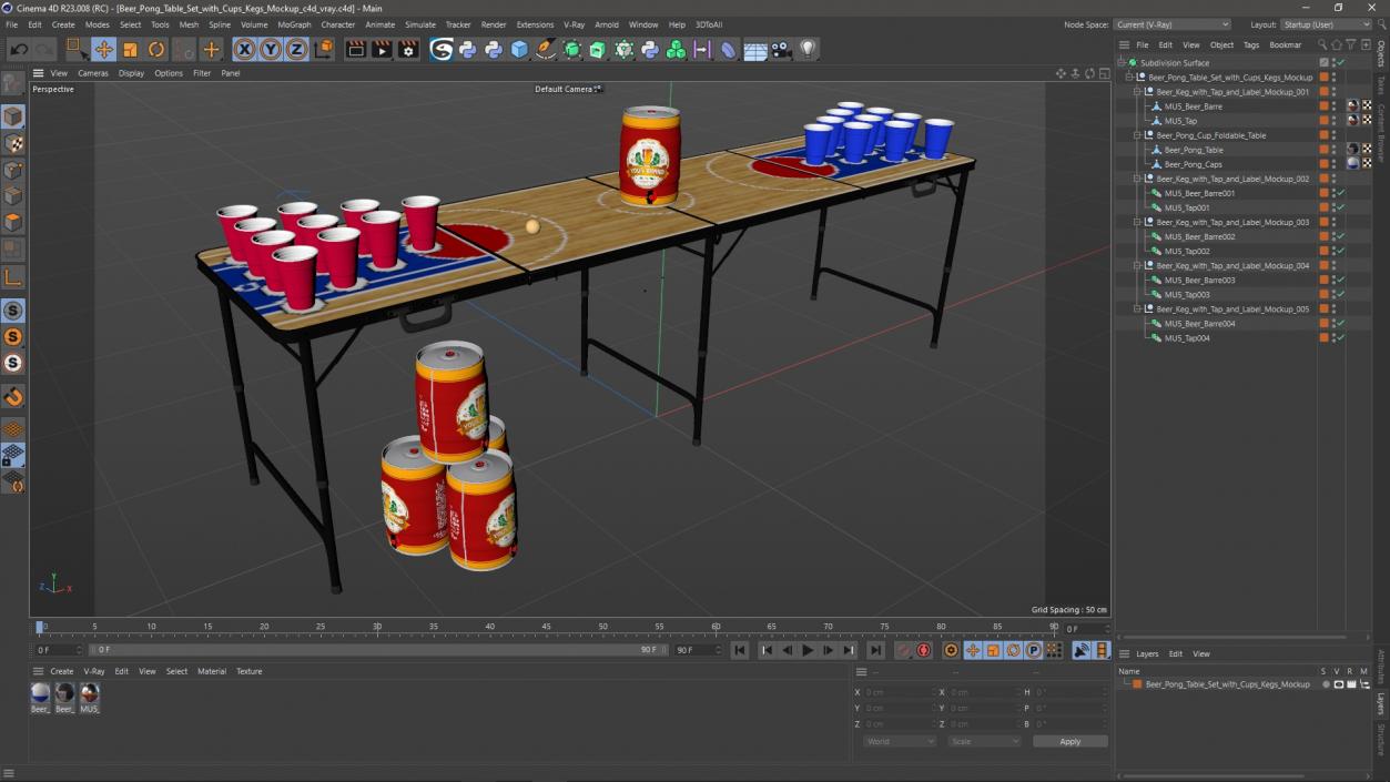 3D Beer Pong Table Set with Cups Kegs Mockup