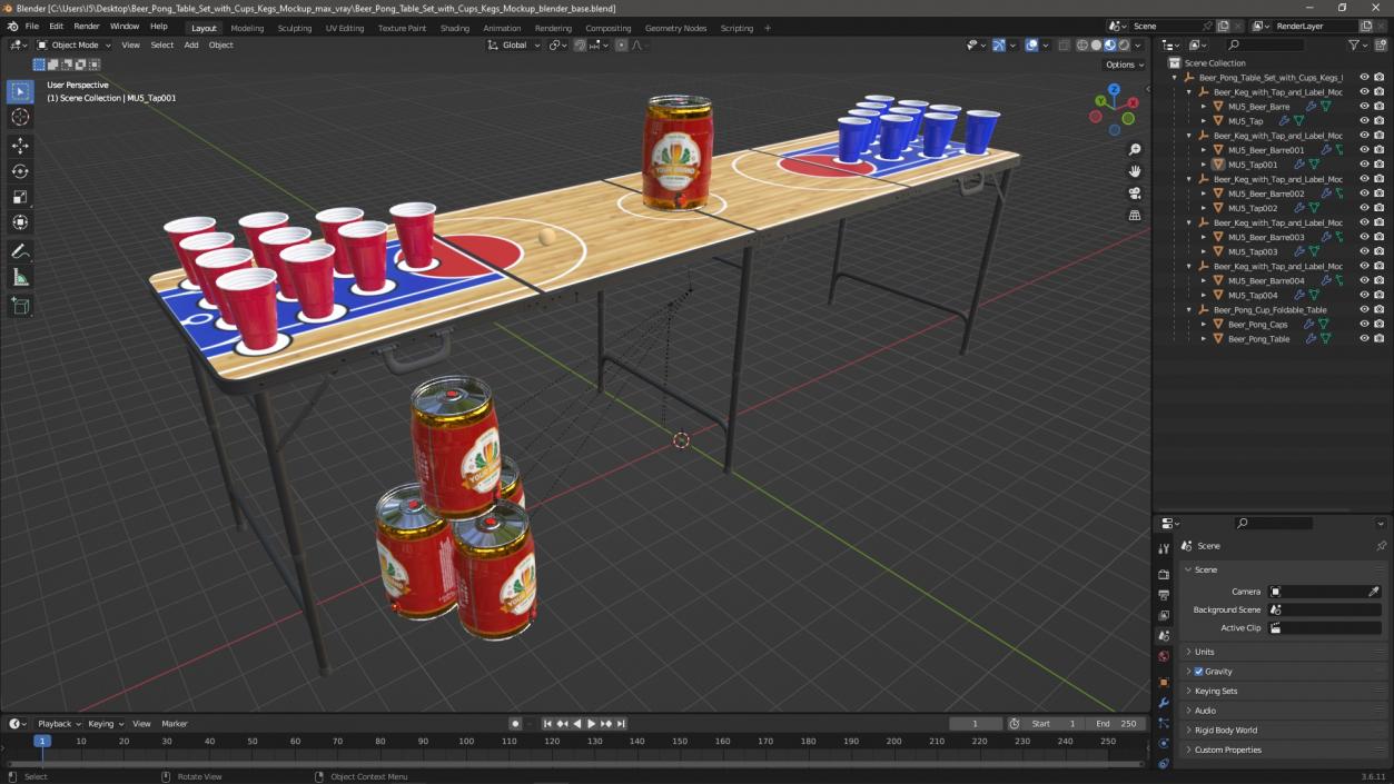 3D Beer Pong Table Set with Cups Kegs Mockup